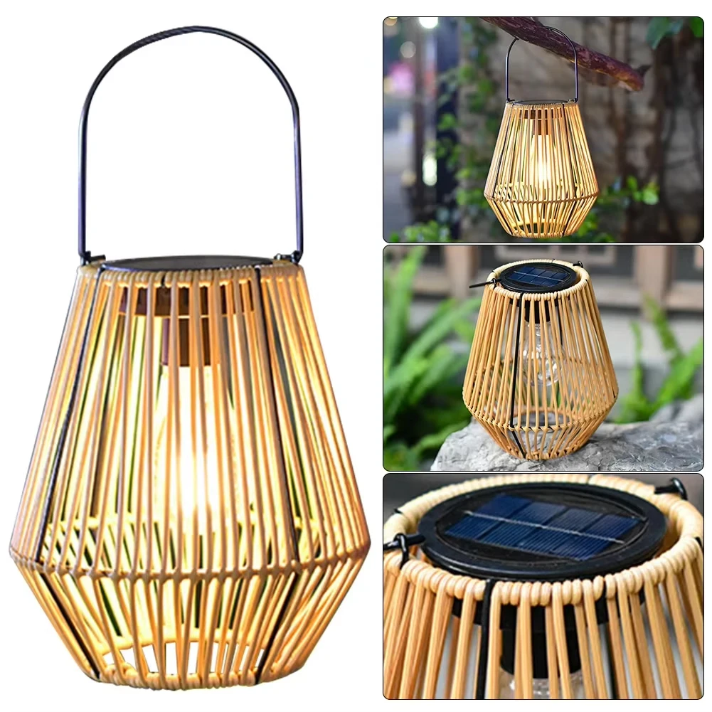 

1PC Solar Imitation Bamboo Lantern Outdoor Waterproof Plastic Rattan Lantern Chandelier Lamp for Garden Patio Courtyard
