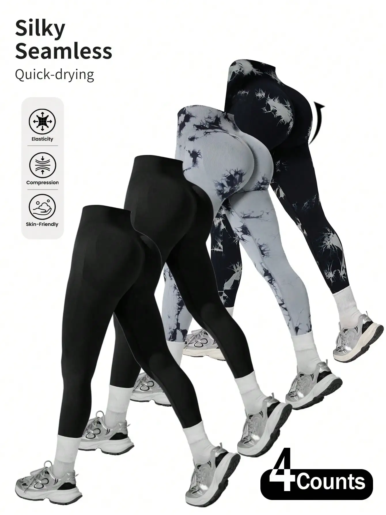 4pcs Seamless High-Elasticity Women's Combination of Solid-Color Yoga Leggings and Tie-Dyed Yoga Leggings