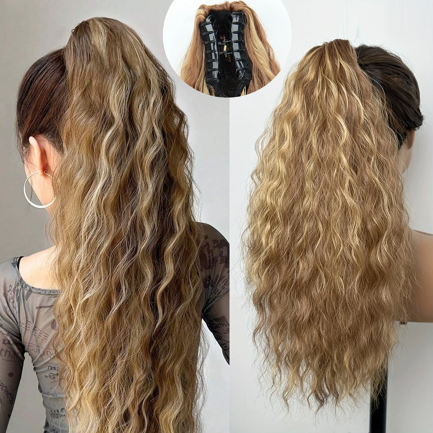 

Long Curly Wave Synthetic Ponytail Extension 18 Inch Claw Clip Ponytail Fake Hair Pieces Blonde Brown Mixed High Pony Tails For