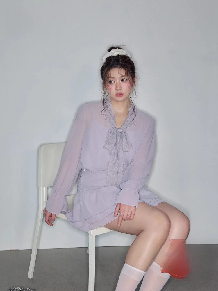 

Комплект женской одежды больших размеров: летний фиолетовый топ и юбка, мягкий корейский стиль, V-образный вырез, юбка А-силуэта с высокой талией