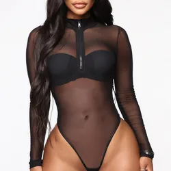 New Fashion Zip Up Mesh Women Bodysuit Long Sleeve See Through Basic Body Top Black Sexy Nightclub Party Wear Female Clothes