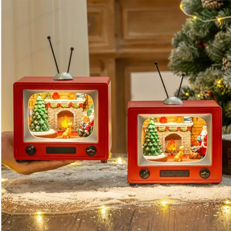 

Музыкальная шкатулка в форме ТВ, фигурки Санта-Клауса, многофункциональные декоративные для домашнего праздничного декора, ручная работа с USB-кабелем 15,5x10x15 см