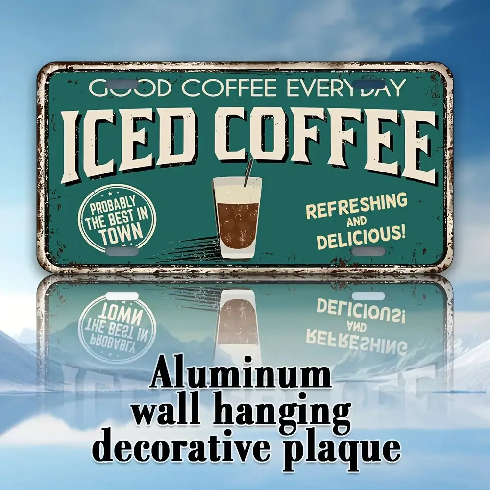 Retro 2D Flat Metal License Plate, Aluminum UV Printed 30x15 cm, Vintage Coffee Wall Decor, Rustic Indoor Outdoor Sign for Garag