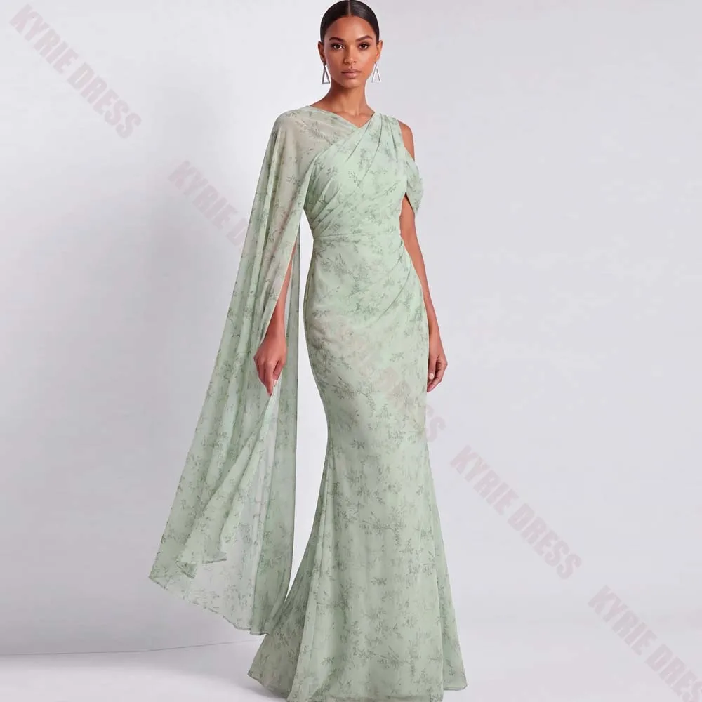 Customized Mother of The Bride Dresses 2026 Cape Sleeves One Shoulder Column Floral Print Chiffon Wedding Guest Gown Party Dress
