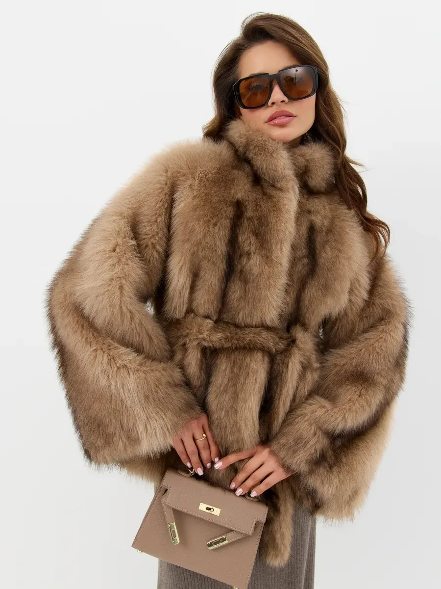 Abrigo de piel sintética con cinturón y cuello de solapa para mujer, color marrón camel, chaqueta midi gruesa y cálida para invierno, ropa exterior elegante y lujosa