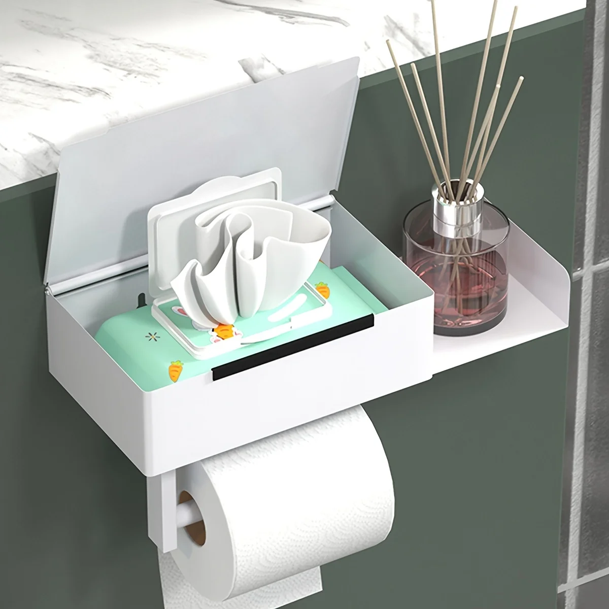 

Wall-Mounted Toilet Paper Holder with Smartphone Stand - Modern Bathroom Tissue Dispenser, Essential Bathroom Organizer