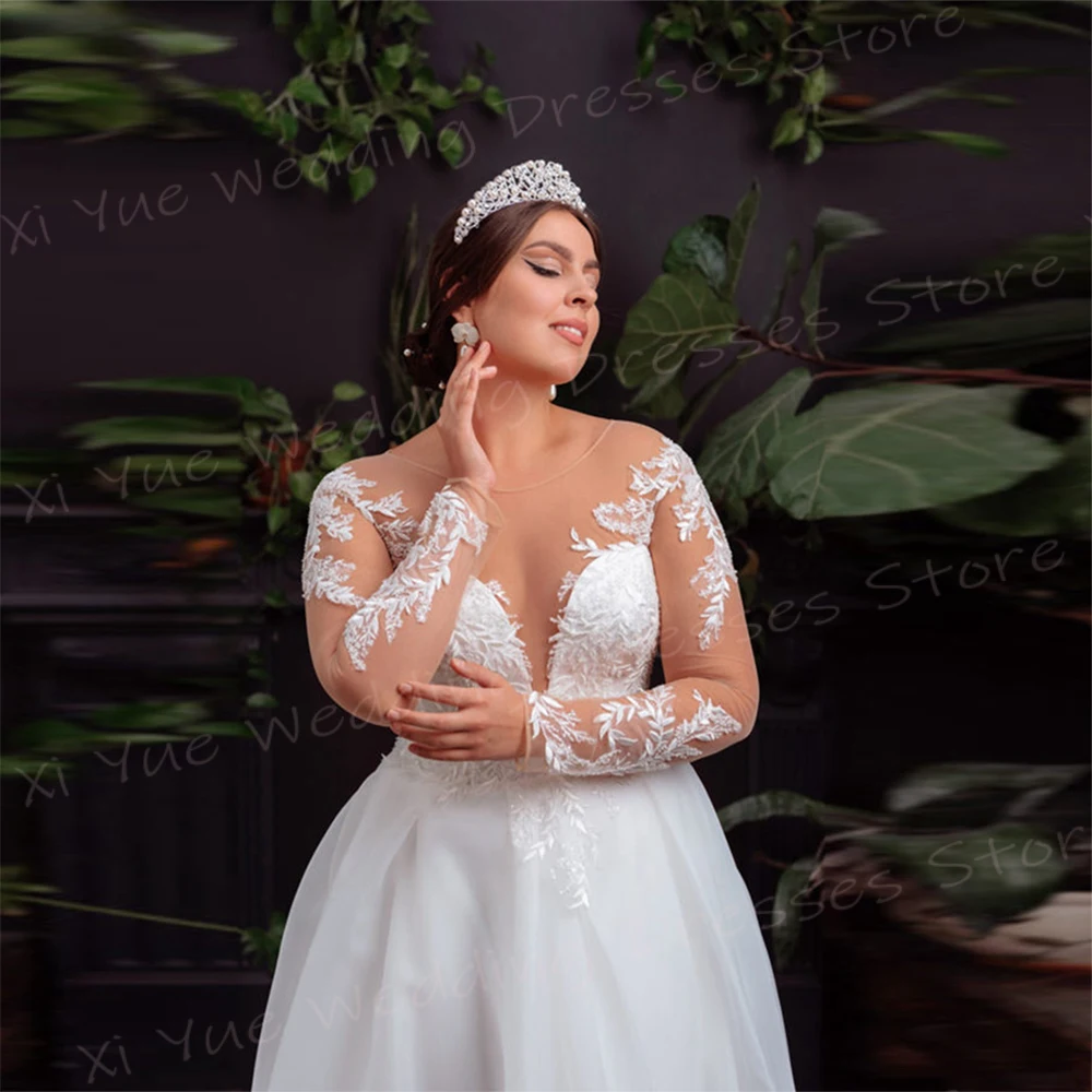 2025 elegante sexy uma linha vestidos de casamento para as mulheres rendas apliques vestidos de noiva o pescoço manga longa vestido de novia até o chão