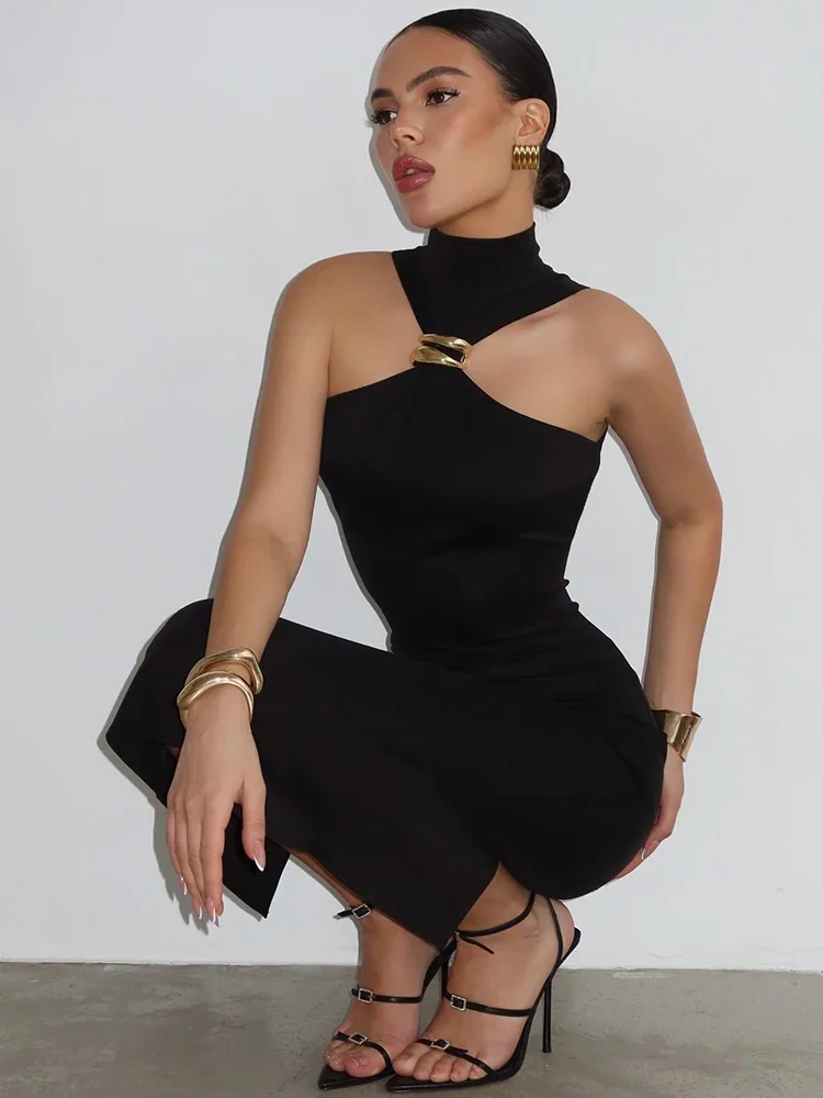 

Turtleneck Off-shoulder Sexy Maxi Dress Women Gown Summer New Ring Metal Sleeveless Backless Skinny Knit Long Dress
