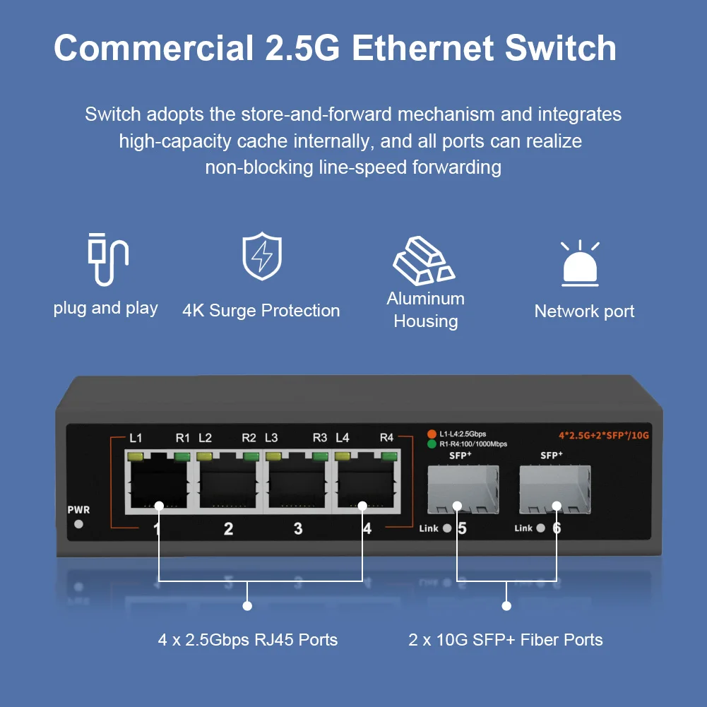 مفتاح إيثرنت تجاري مع بو اختياري ، 4 منافذ ، 4 جيجابايت في الثانية ، RJ45 + 2x10G ، ألياف SFP ،
