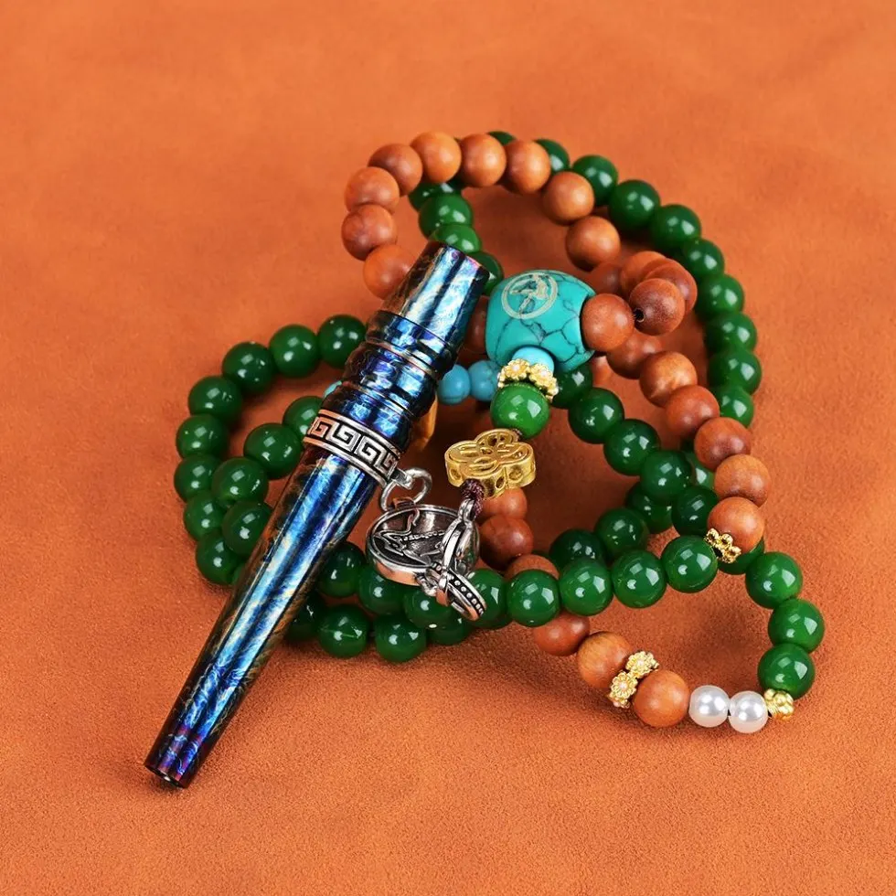 WOLF COOLVAPE Titanium Burnt Blue Cigarette Nozzle with Stone Wood Bead Chain - Original Hookah Accessory