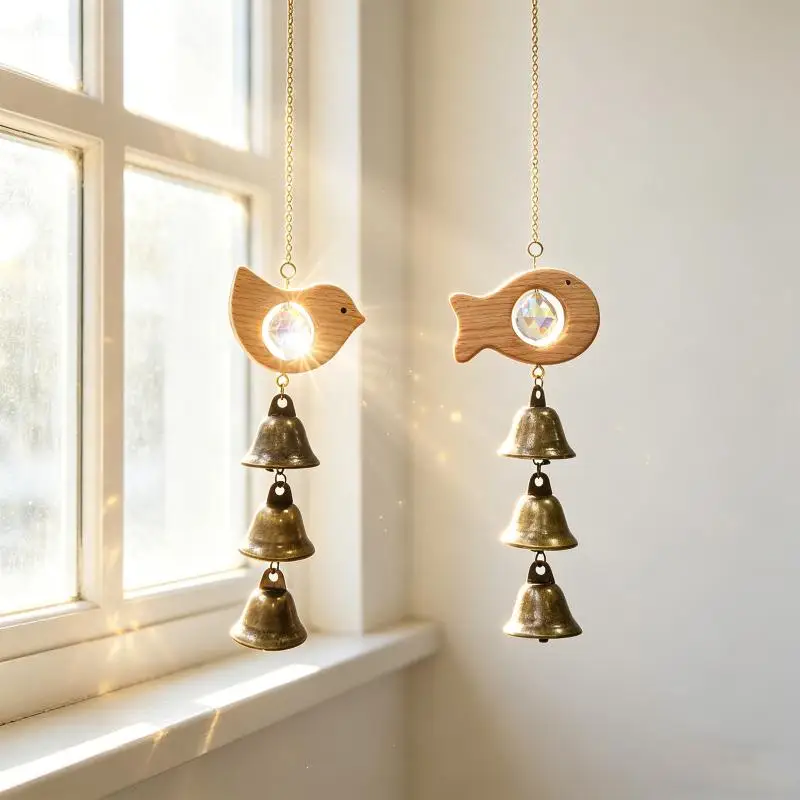 C Retro Antique Copper Wind Chime Wooden Crystal Bell Pendant Home Window Balcony Hanging Decor Creative Art Craft Ornaments