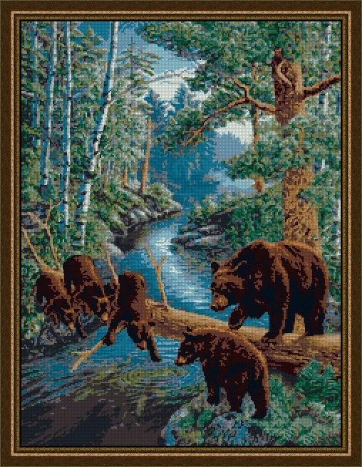 dzh-035 brown bear family in forest 51-64  Embroidery,DIY 14CT Unprinted Arts Cross stitch kits Set Cross-Stitching Home Decor