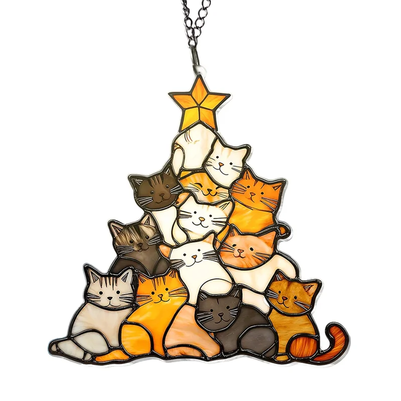 -ESTR القط شجرة عيد الميلاد Suncatcher الاكريليك مكدسة القطط شنقا زخرفة ملونة لشجرة عيد الميلاد الديكور لنافذة