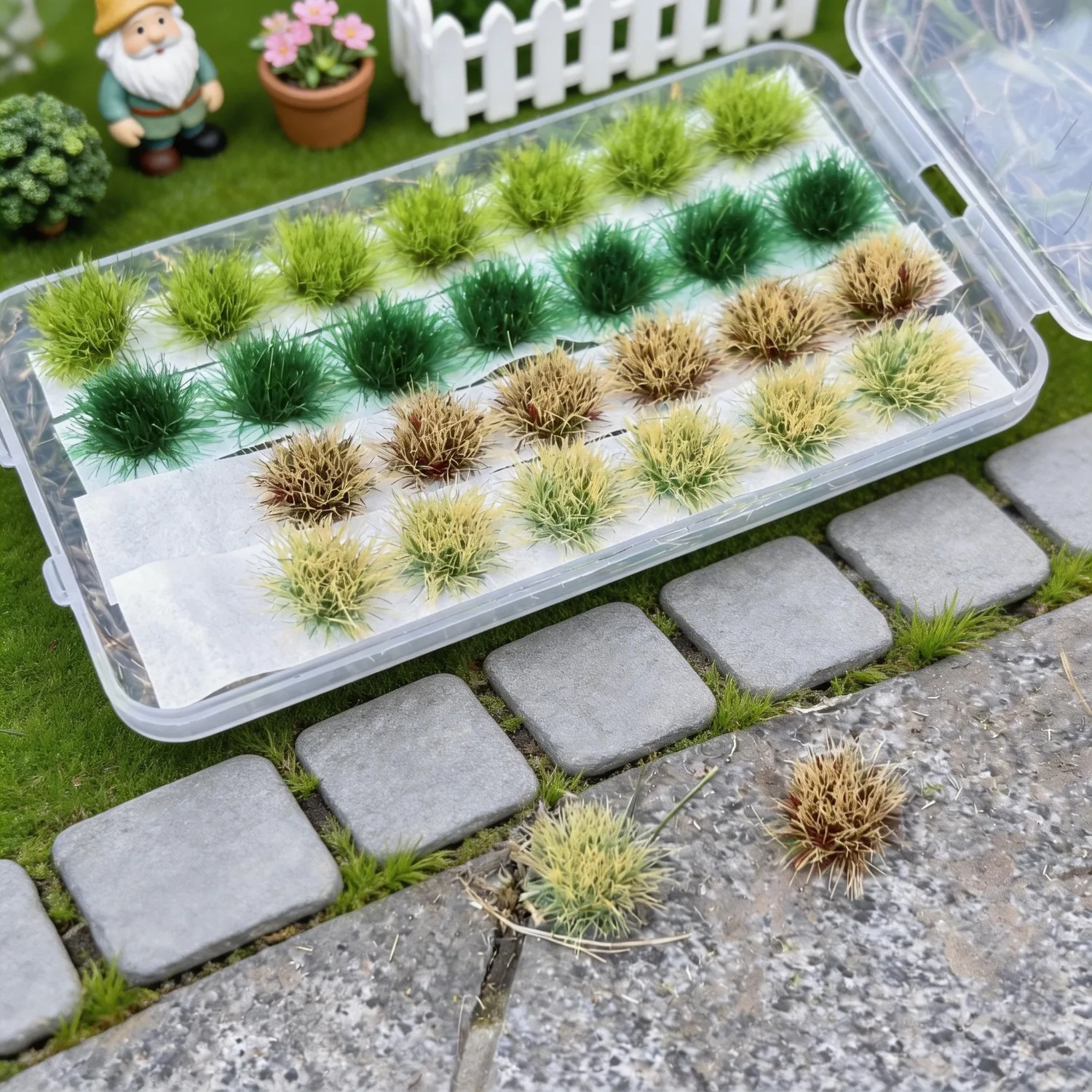 4colors Mix/28tufts Static Grass Tufts Set for Miniature Scenery, 4 Season Colors Mix Design Static Grass Clumps for Diorama
