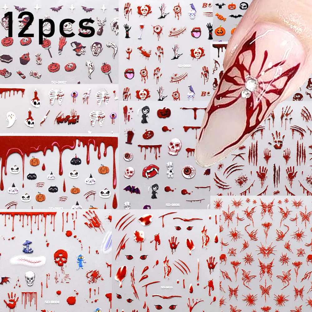 12pcs 5D Halloween Nail Art Stickers Embossed Horror Bloody Butterfly/Scratches/Palm/Skull/Ghost/Pumpkin Nail Decals Nail Slider