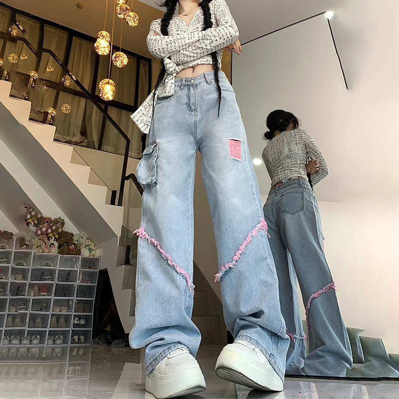 

Vintage Splice Pink Hole Y2k Baggy Jeans Women Aemican Style Streetwear Rough Selvedge Trousers Wide Leg Women's Denim Pants