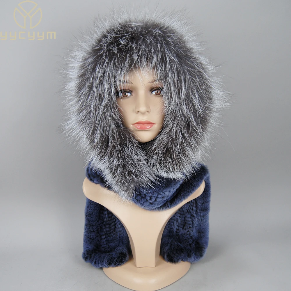 Women Knitted Real Rex Rabbit Fur Hat Hooded Scarf Winter Hats for Woman Fall Cap Warm Natural Fur Hat with Neck Scarves Bonnets