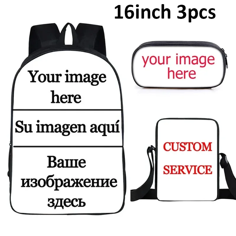 Customize Your Logo/ Name/ Image Backpack for Girls Boys 3pcs/Set Kid Pencil Bag Messenger Bags Lunch Bag Children BookBag