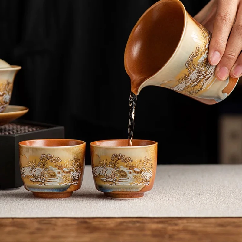 Hand-painted Ceramic Teacups Shibayaki Vintage Landscape Tasting Cups for Tea Single Person Cups