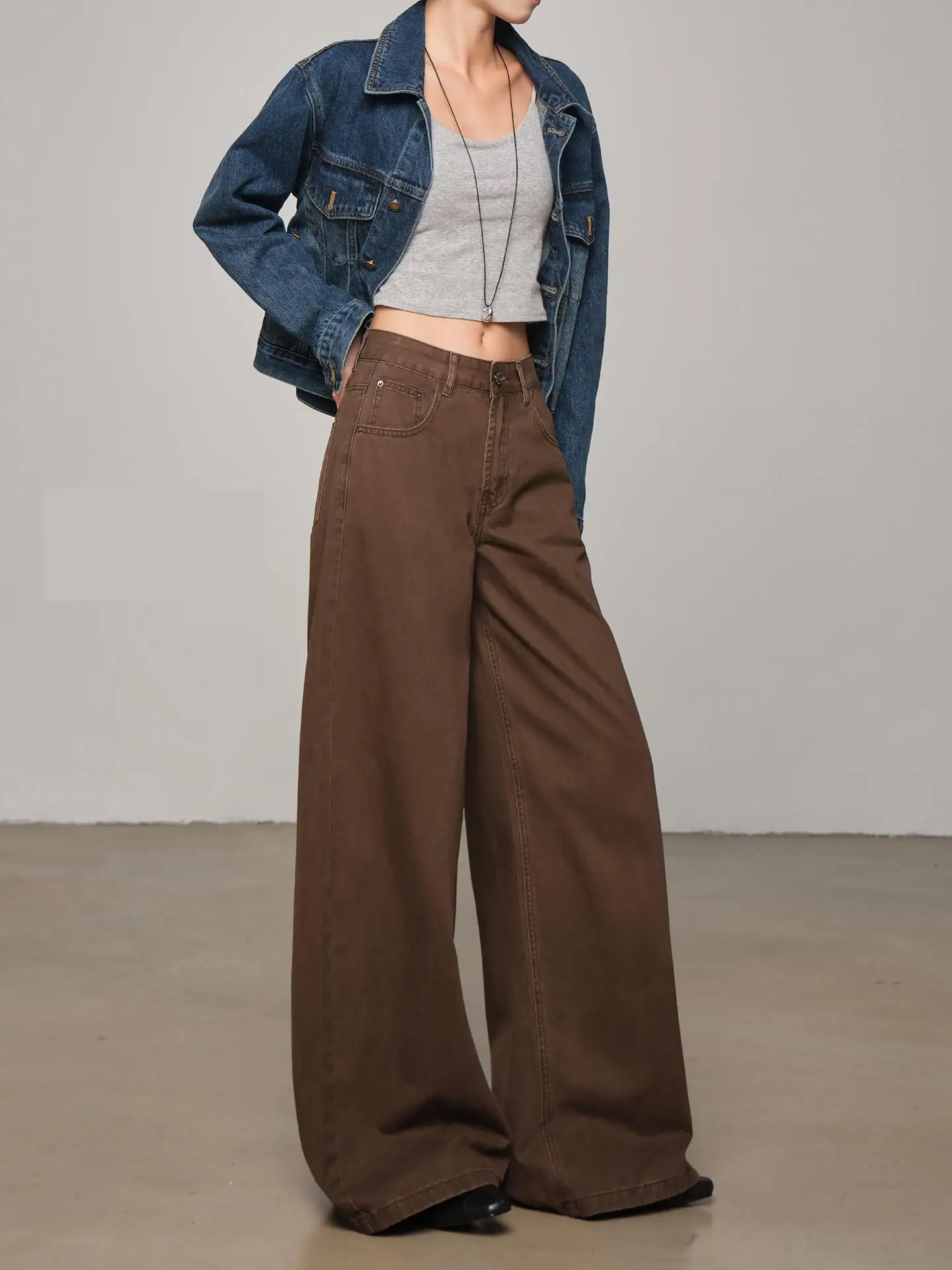 ZHISILAO-pantalones vaqueros de pierna ancha para mujer, Vaqueros de pierna ancha marrones, holgados, informales, Y2K, hasta el suelo, ropa de calle, Otoño Invierno 2025