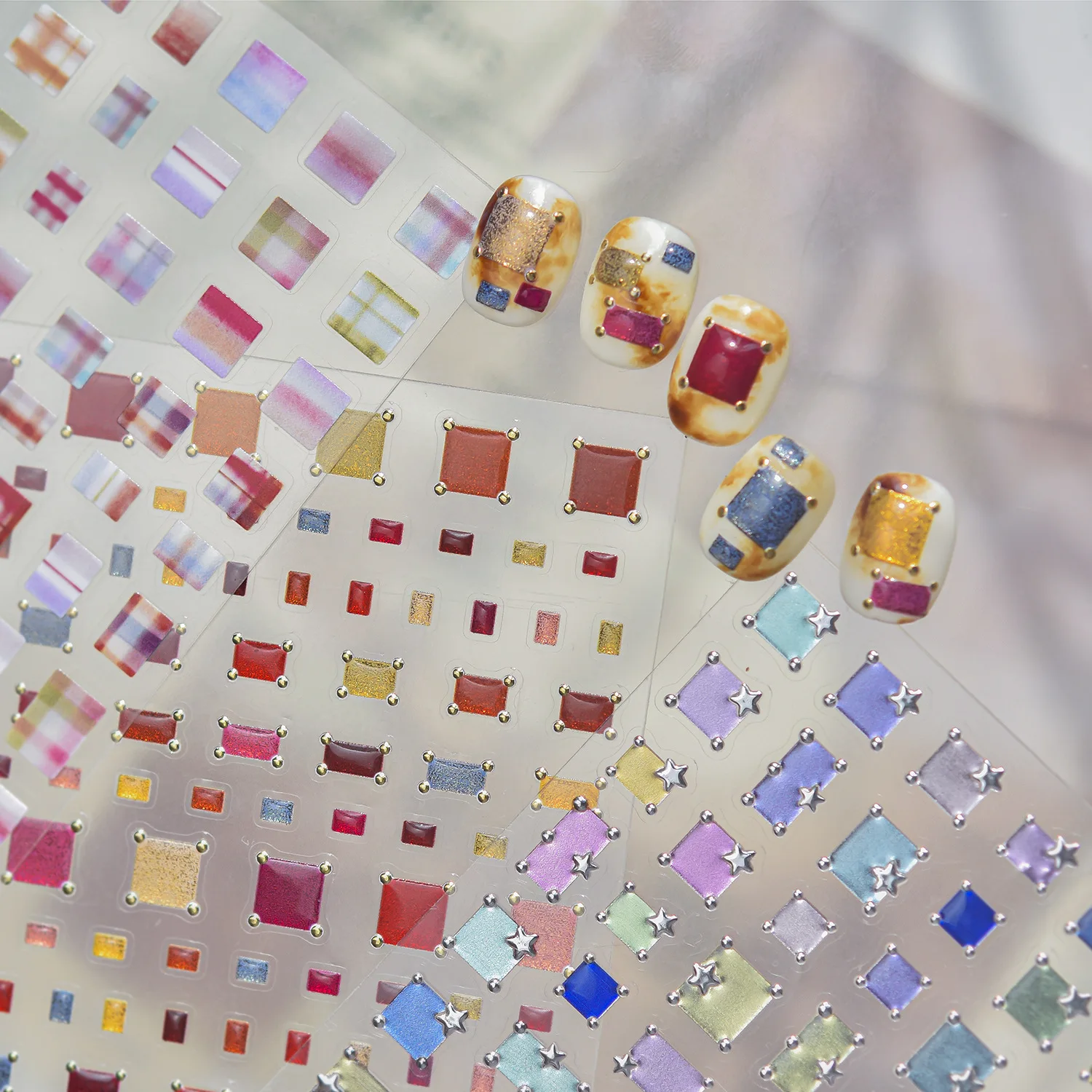 Retro Jelly Rectangular Nail Sticker Smudge Gradient Check Color Block Pentagram Color Square Star Self Adhesive 5D Nail Sticker