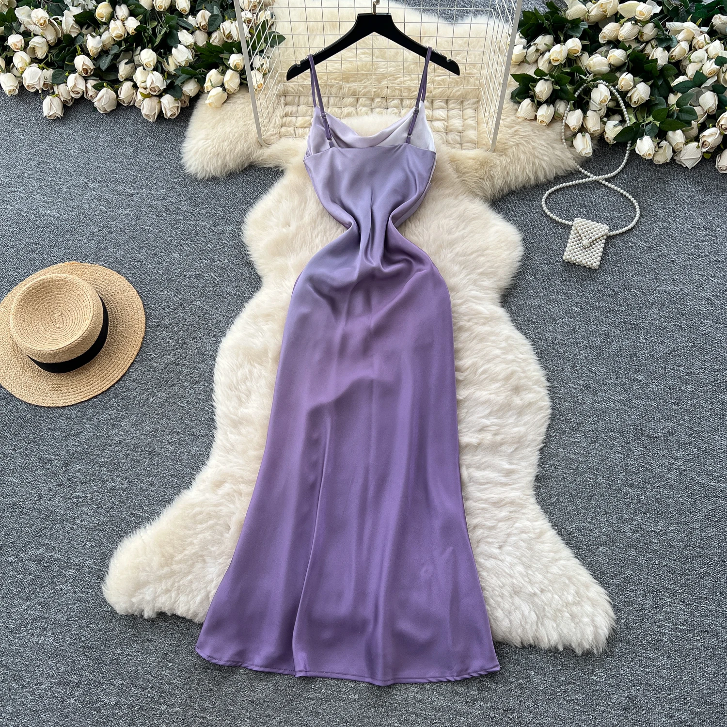 ヴィンテージエレガントなサテンスイング襟背中の開いたドレス韓国のファッションロングドレスホットスウィート女性ファッションプリーツドレス