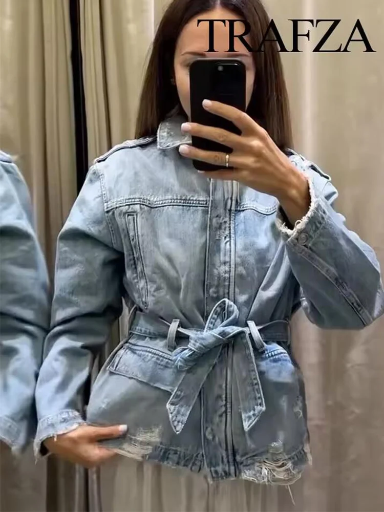 

Осень 2024, джинсовые женские пальто с уличными дырками, элегантная однобортная куртка с отложным воротником, женские куртки с длинными рукавами на шнуровке, женское пальто