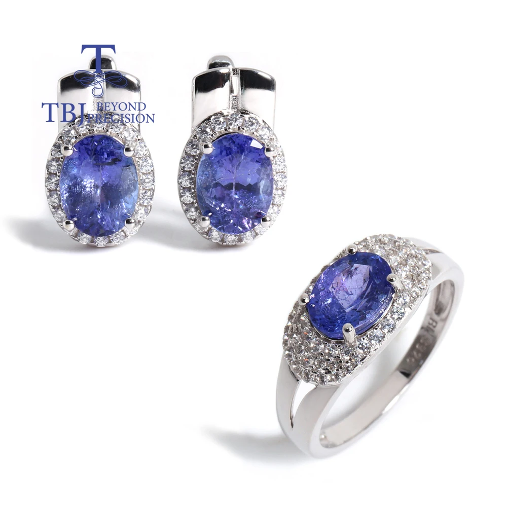 

Precious Rare Natural blue Tanzanite Ring Earrings Set Real Gemstone Silver jewelry Women's anniversary & wedding gift