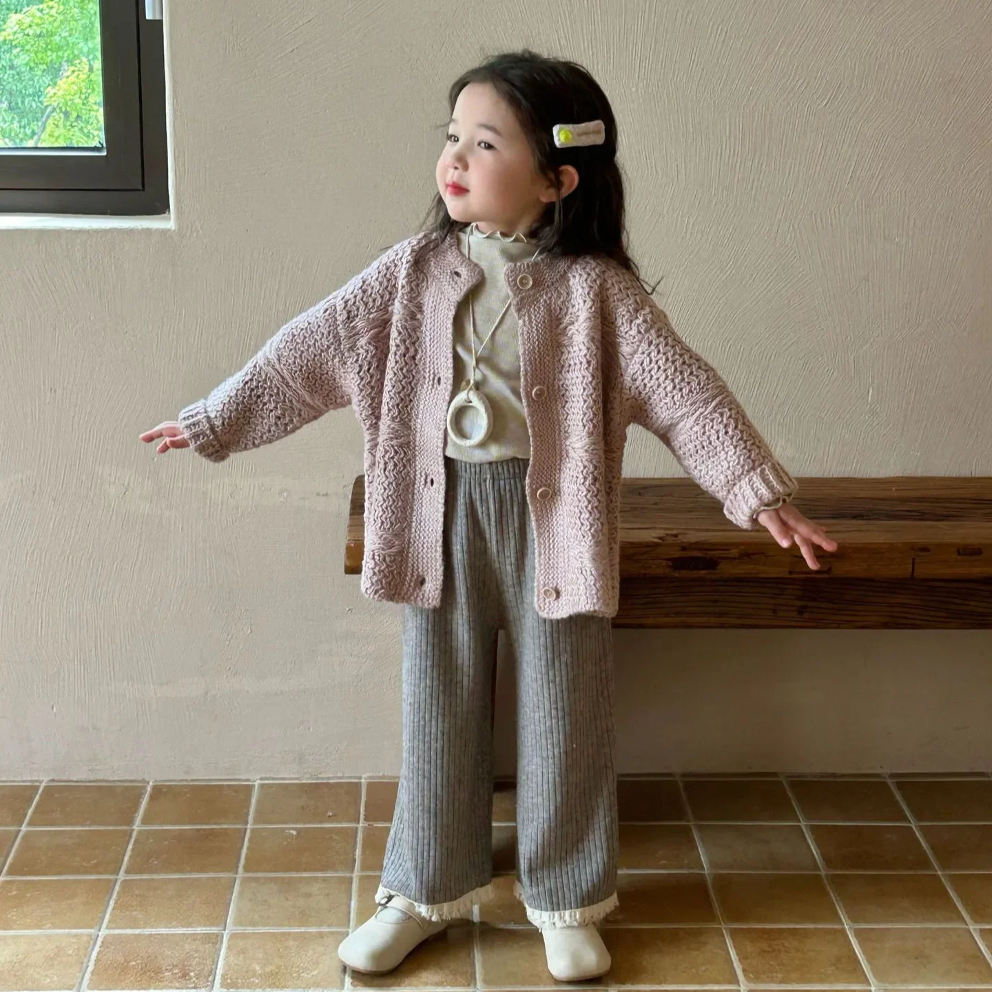 Girls Coat 2024 Autumn New Childrens Wear Korean Baby Girl Foreign Style Coarse Wool Line Knitting Lazy Style Cardigan Leisure