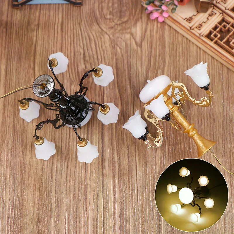 Casa de bonecas em miniatura lâmpada do teto luz parede lâmpada mesa mini iluminação led decoração para casa boneca móveis brinquedo pode ser brilhante