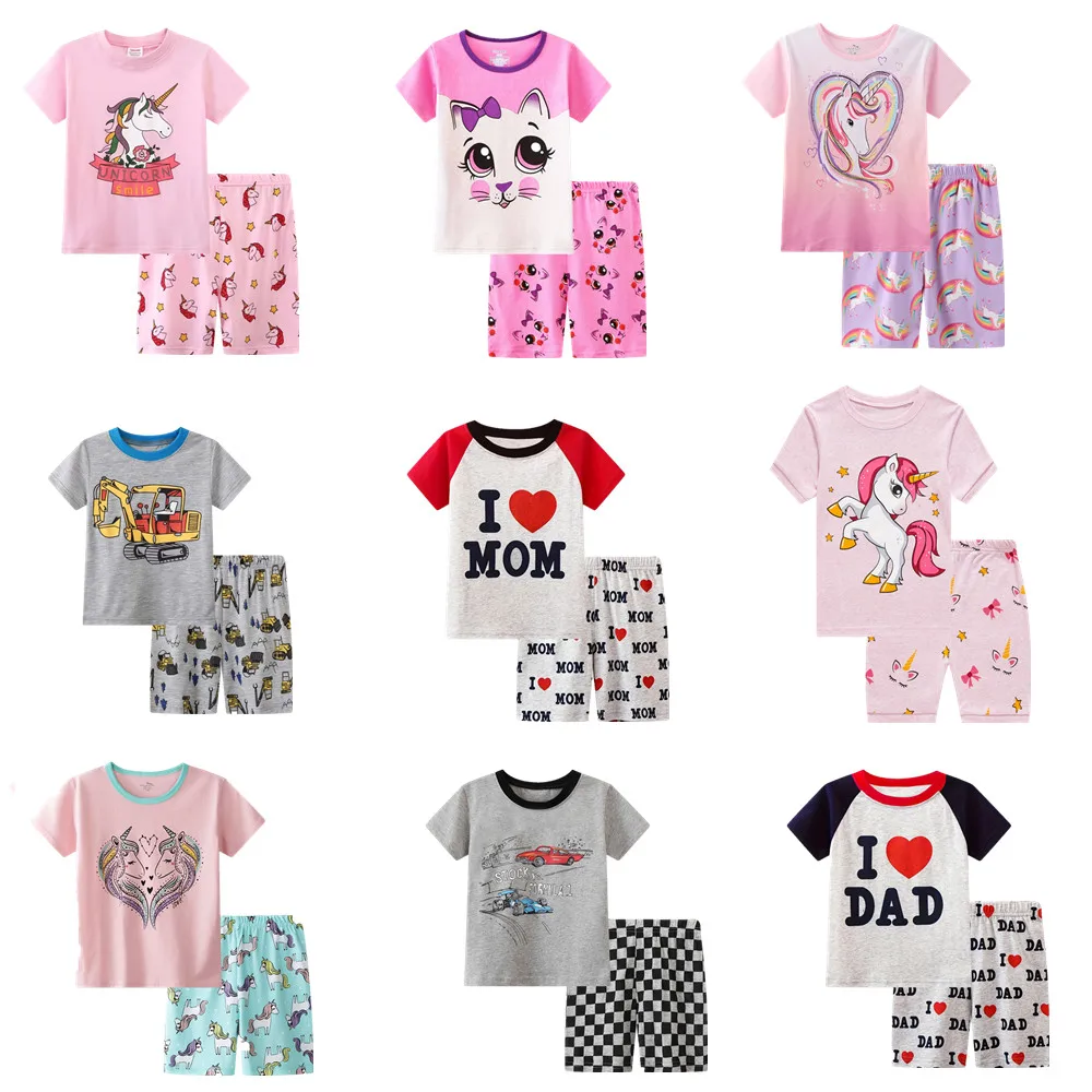 2pcs Toddler Girls Cotton Pajamas Outfit Cartoon Unicorn Graphic Crew Neck T-Shirt Top & Elastic Waist Shorts Sleepwear