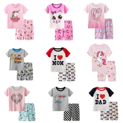 2pcs Toddler Girls Cotton Pajamas Outfit Cartoon Unicorn Graphic Crew Neck T-Shirt Top & Elastic Waist Shorts Sleepwear