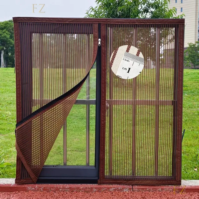 Fenêtres moustiquaires et anti-poussière en maille diamantée marron, personnalisables avec fermeture éclair, disponibles en différentes tailles pour une utilisation pratique