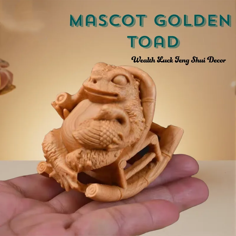 Wood carving Golden Toad figurine decoration Frog Animal mascot statue Home Room Office Desktop Wealth Luck Feng Shui Decor