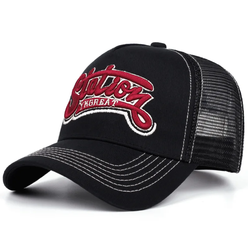 New Unisex American Locomotive Letter Embroidery Baseball Hats Sunshade Color Block Breathable Retro Trucker Caps Versatile Mesh