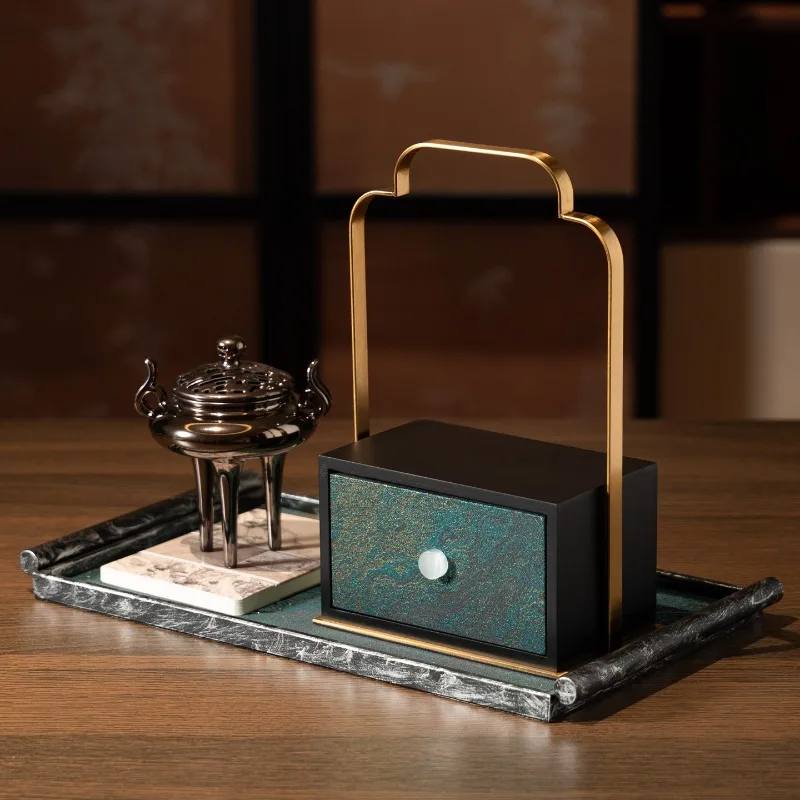 Premium dark green fabric jacquard jewelry box, portable box model room new Chinese tea room zen decorative ornament