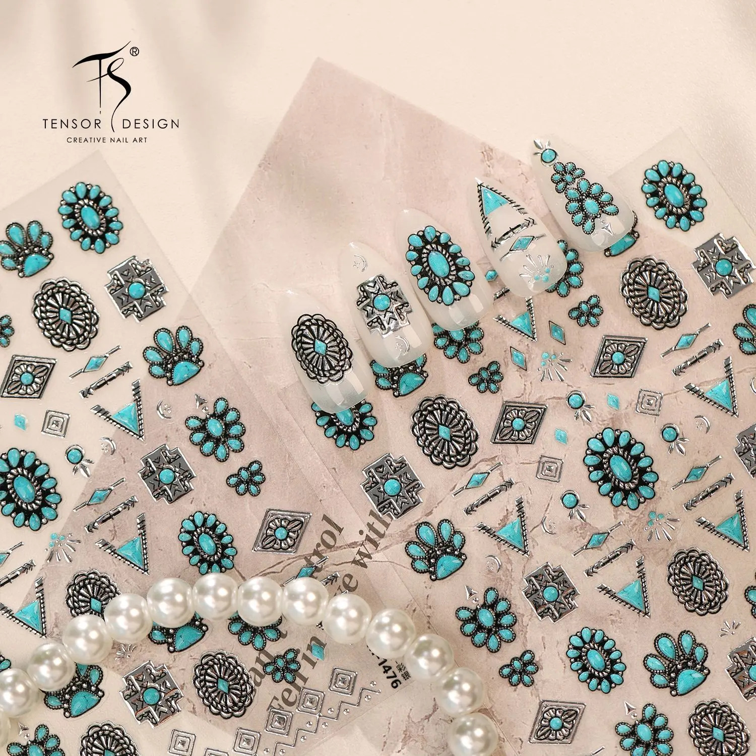 Retro Turquoise Bohemian Nail Sticker Metal Silver Blue Gem Bowknot Clock Flower Star Luxury Nail Art Stickers DIY Accessories