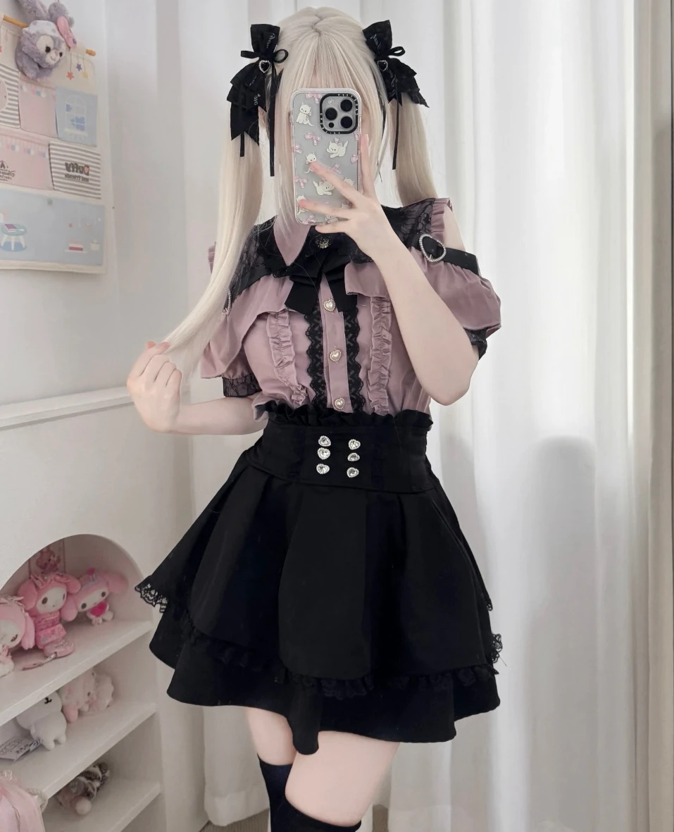 Japanese Subculture Jirai-kei Mass-Produced Short-Sleeve Shirt & High-waisted Skirt Set Y2K Off-Shoulder Lace kawaii Outfit
