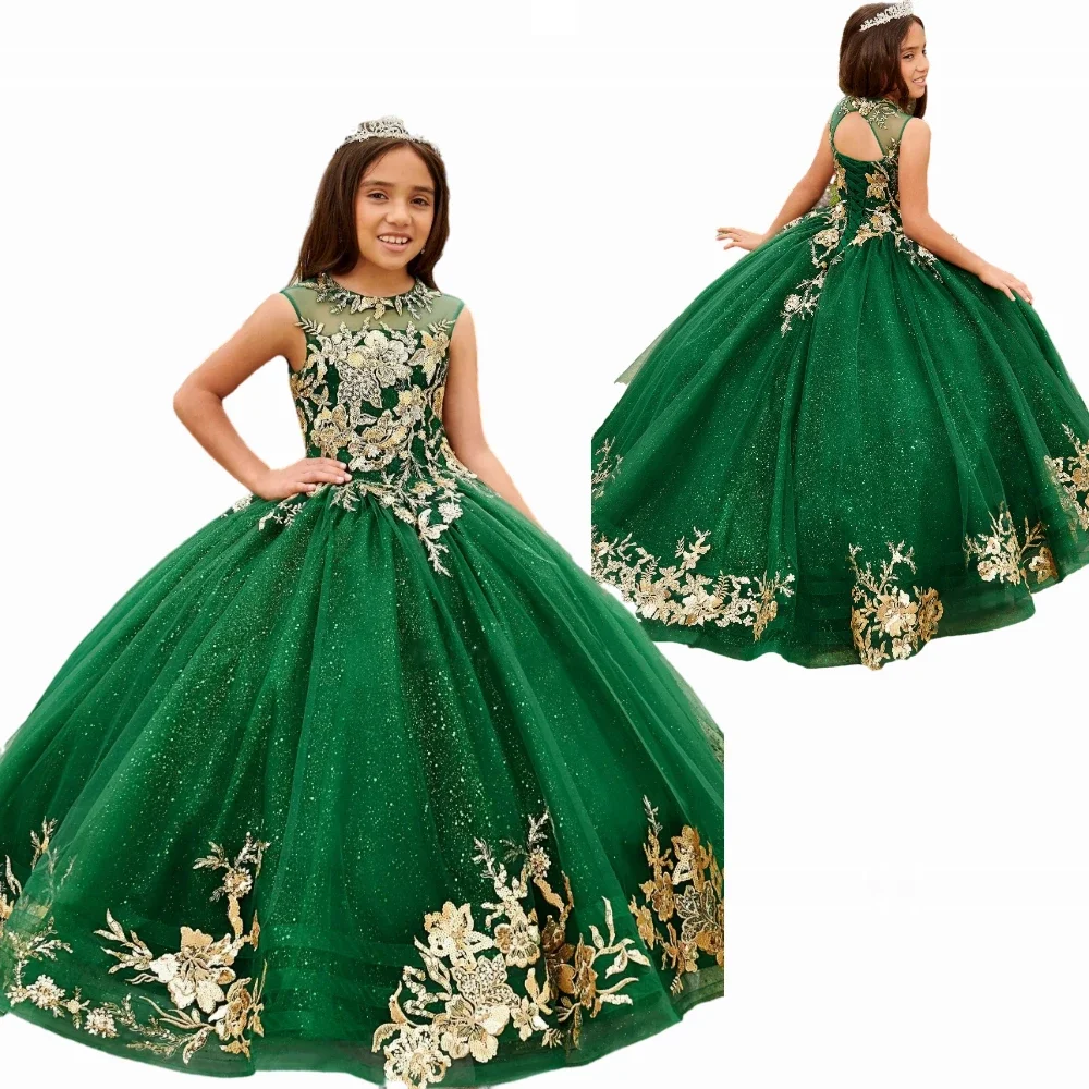 Luxury Flower Girls Dress Elegant Gold Printing Wedding Dresses Kids Princess Pageant Dreses Party Prom Puffy Ball Gowns