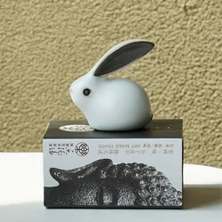 2pcs Ceramic Rabbit Kung Fu Tea Statue Tea Pet Chinese Traditional Craft Cute Animal Home Decoration Accessories Fairy Garden