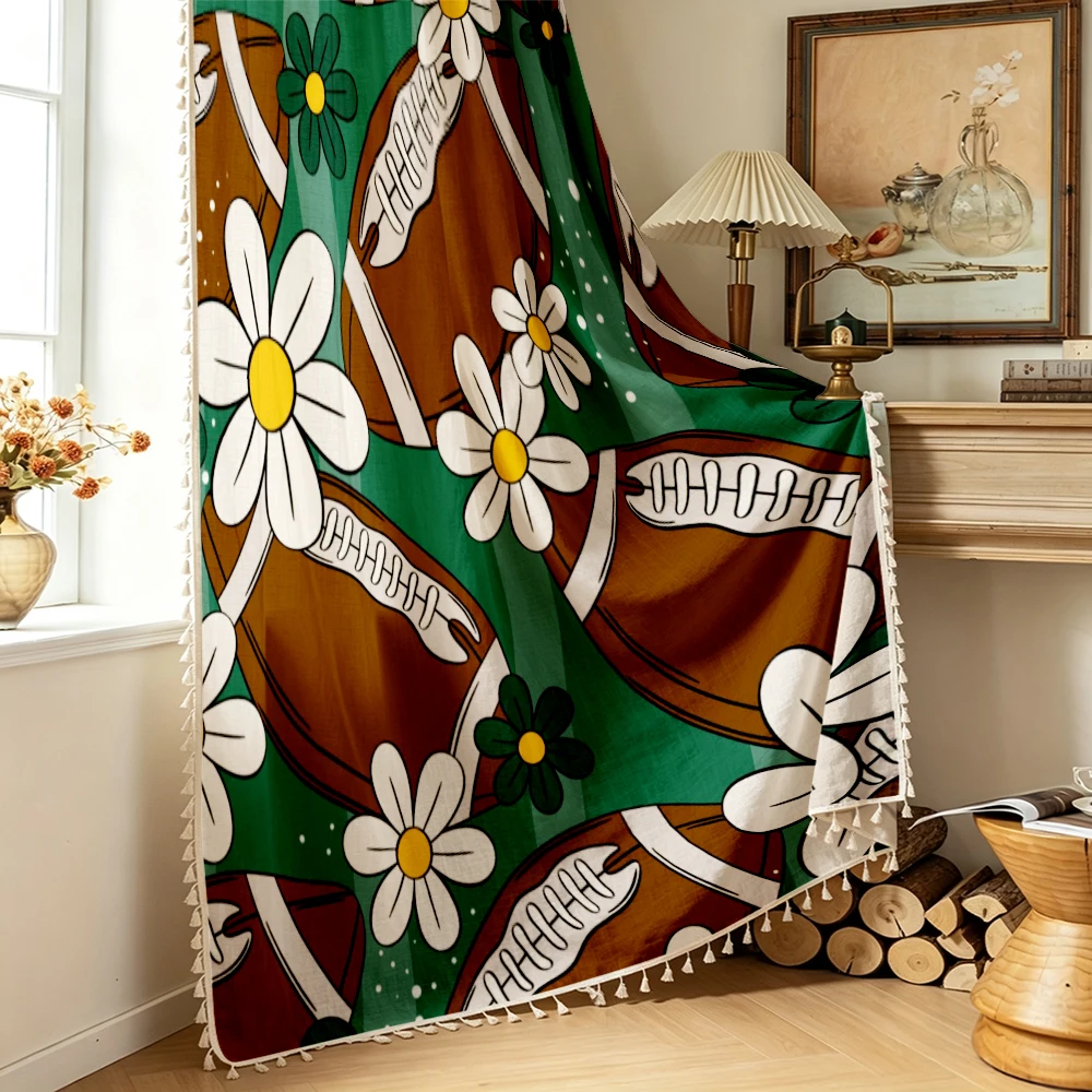 1PC Cartoon Tassel Sheer Curtains, Football Daisy Flower, Digital Print, Linen Polyester, Bedroom Living Room, Home Decor