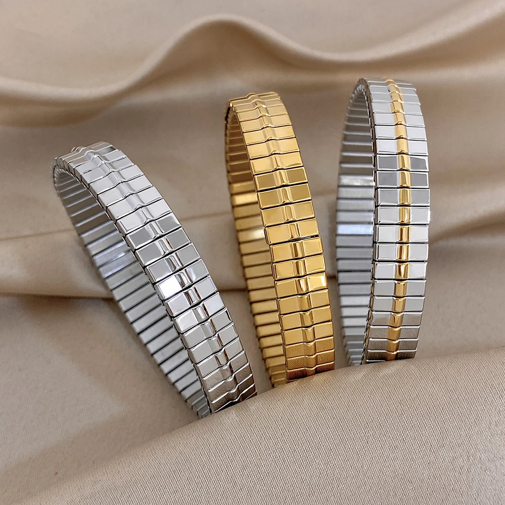 Glossy Watch Band Stainless Steel Elastic Bracelets for Women Men Chunky Gold Silver Color Stackable Bangle Waterproof Jewelry