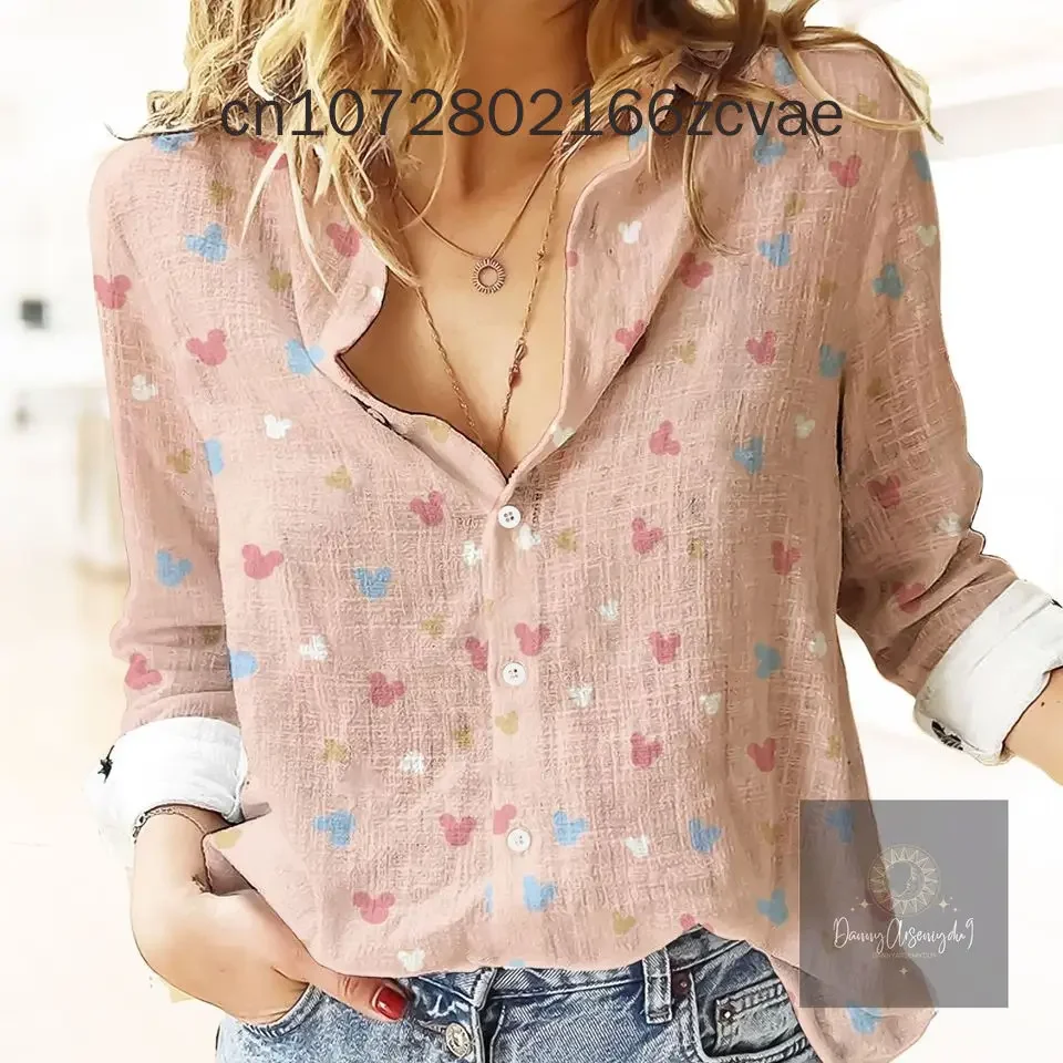 2024 New Disney Harajuku Slim Fit Shirt 3D Print Womens Button Up Long Sleeve Lapel Mickey Minnie Y2K Casual Cute Hawaiian Shirt