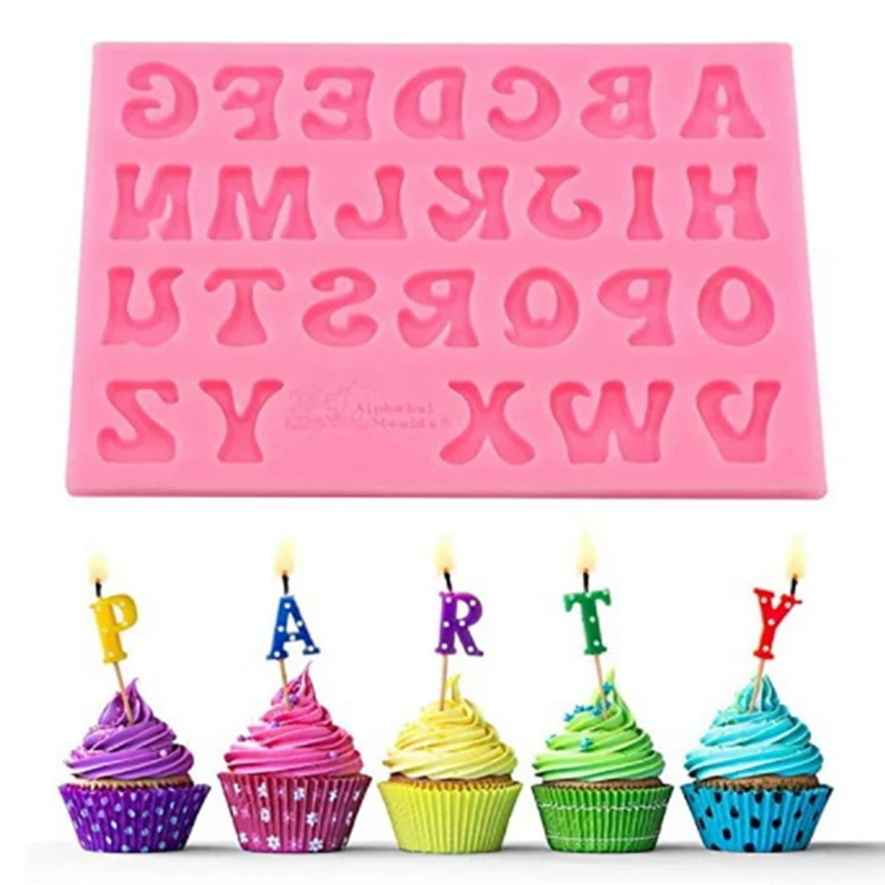 أداة تزيين قوالب الشوكولاتة المصنوعة من السيليكون على شكل حروف للمخبز المنزلي (وردي)
