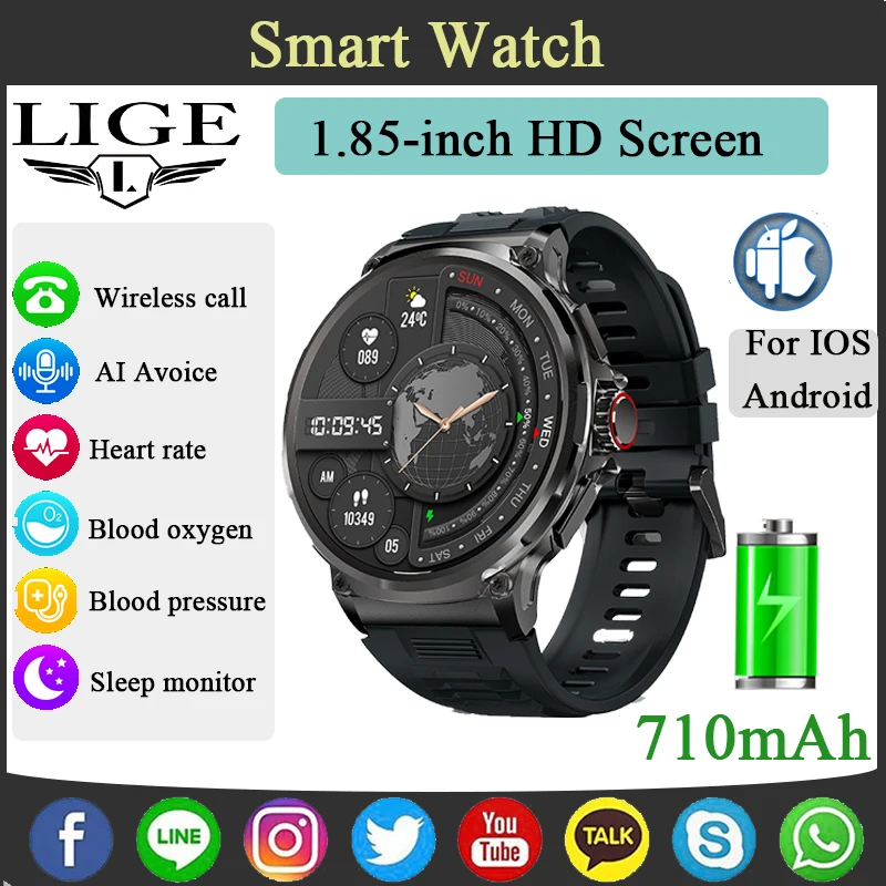 LIGE Outdoor Sports Smart Watch Men 1.85'' HD Screen Bluetooth Call 710mAh Large Capacity Health Monitor Fitness Smartwatch 2024