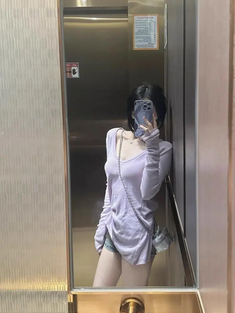 Basic Long Sleeve T-Shirt Women's Summer New Slim Sweet Spicy U-neck Sun Protection Cover up Top Korean Style Commute Fashion