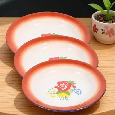 

3pcs 16CM Flower Red Festival Tableware Camping Food Container Picnic Fruit Enamel Plate Snack Vintage Plate Disk