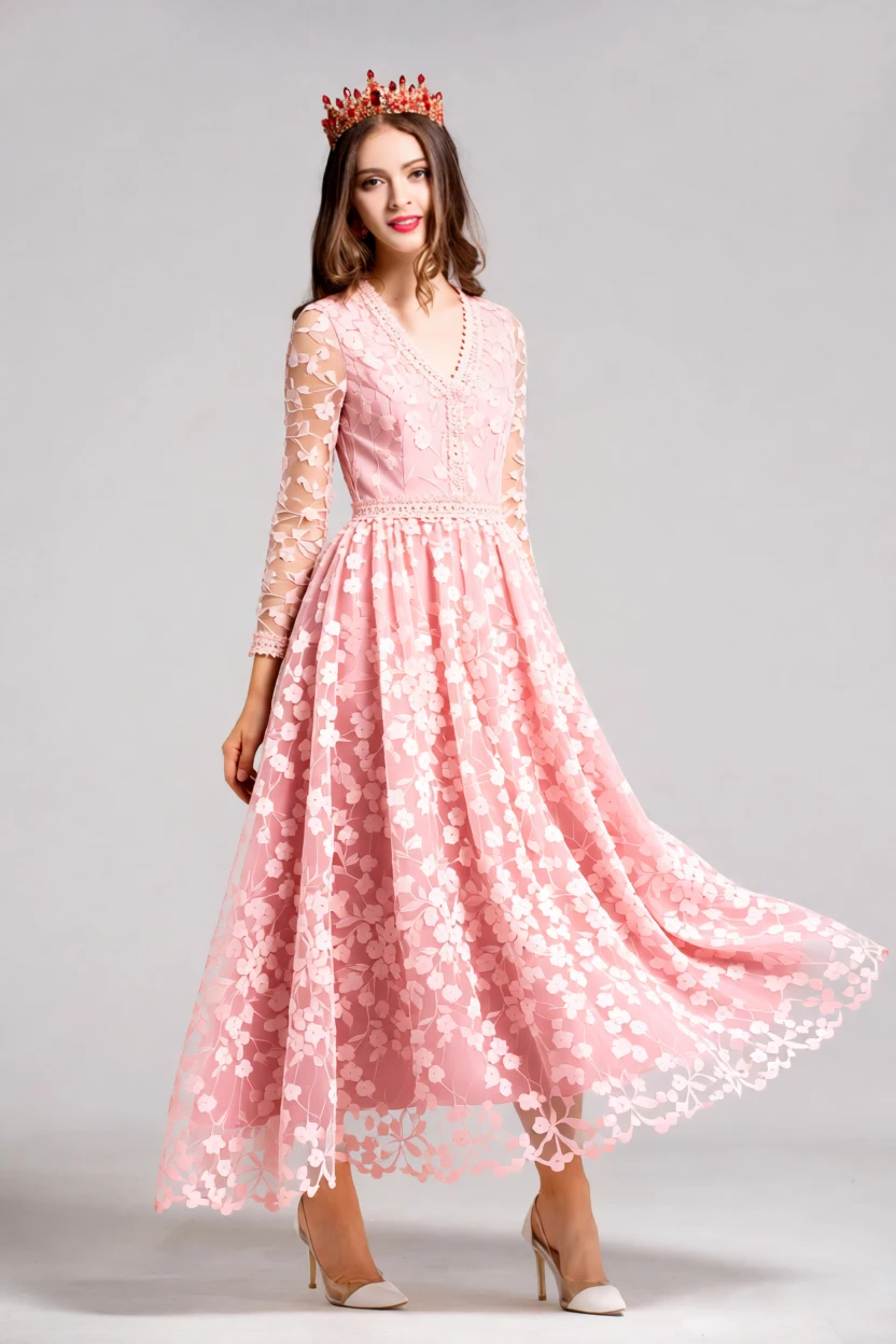 فستان ماكسي نسائي بأكمام طويلة من الدانتيل الوردي مع رقبة على شكل حرف V، فستان سهرة من التول مزين بالزهور ثلاثي الأبعاد، فساتين رسمية للأميرة الحلوة #3