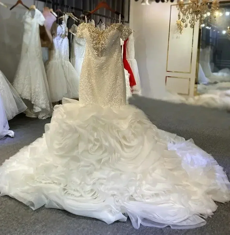 Customized Beads Lace Off The Shoulder Wedding Dress Vestido De Noiva Sweep Train Mermaid Organza Cascading Ruffles Bridal Gown
