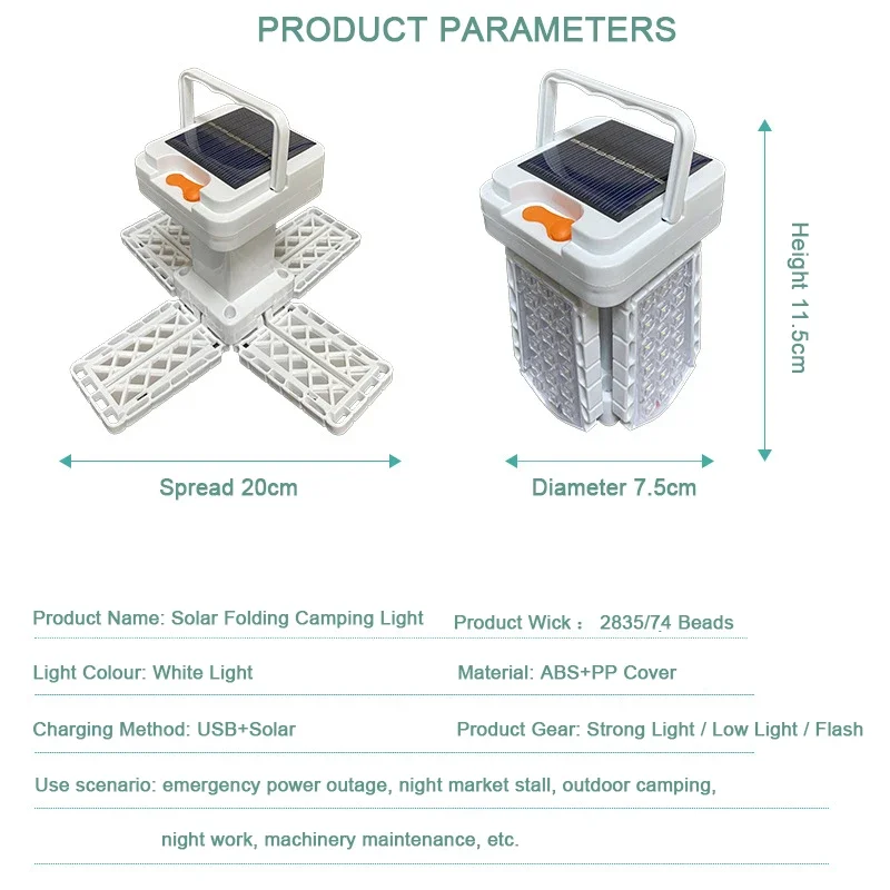 Lámpara Solar LED de emergencia, linterna portátil para acampar, iluminación interior plegable, recargable por USB, luz para tienda de campaña al